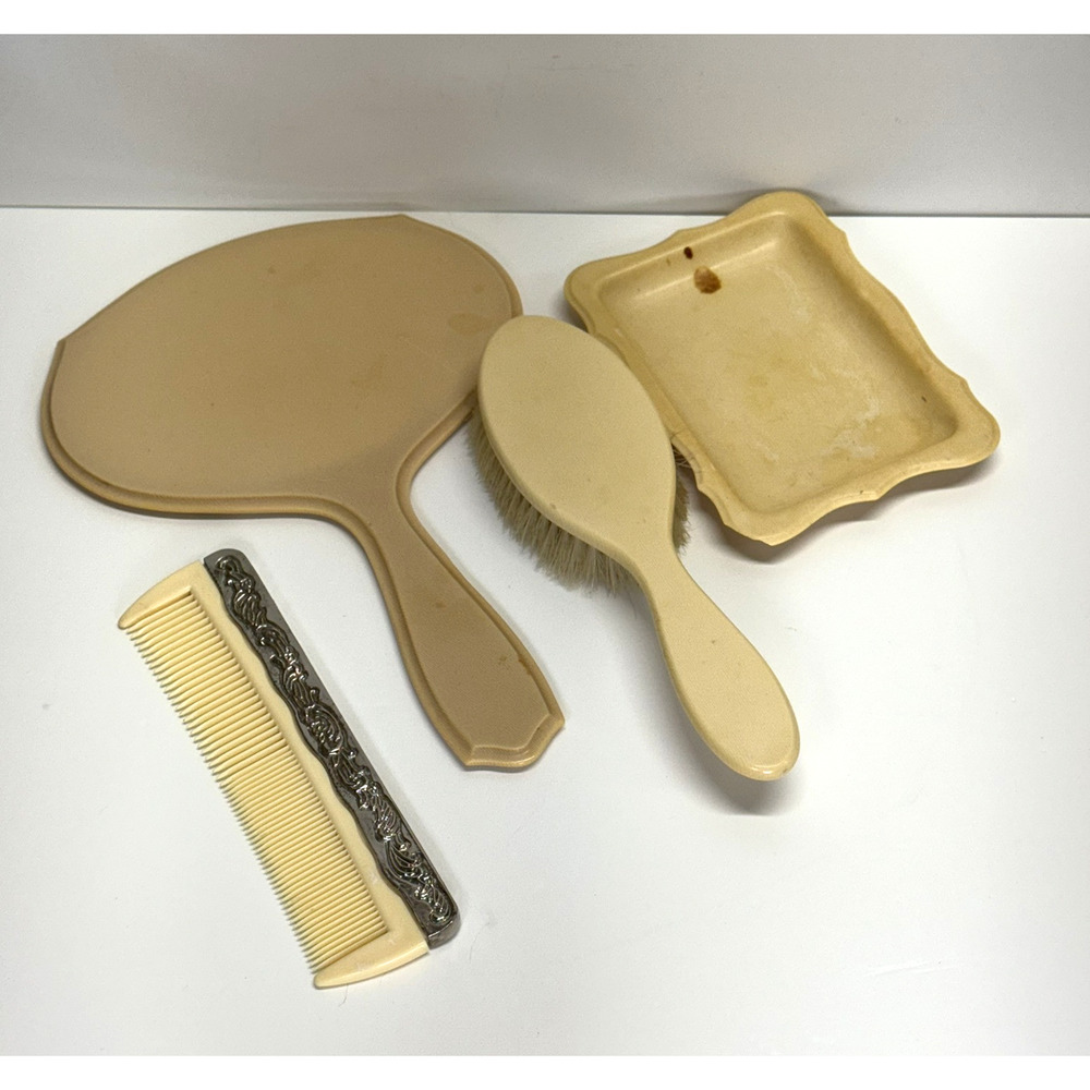 Vintage 4 Piece‎ Ivory Celluloid Dresser Vanity Set W/Brush Mirror & Silver Comb